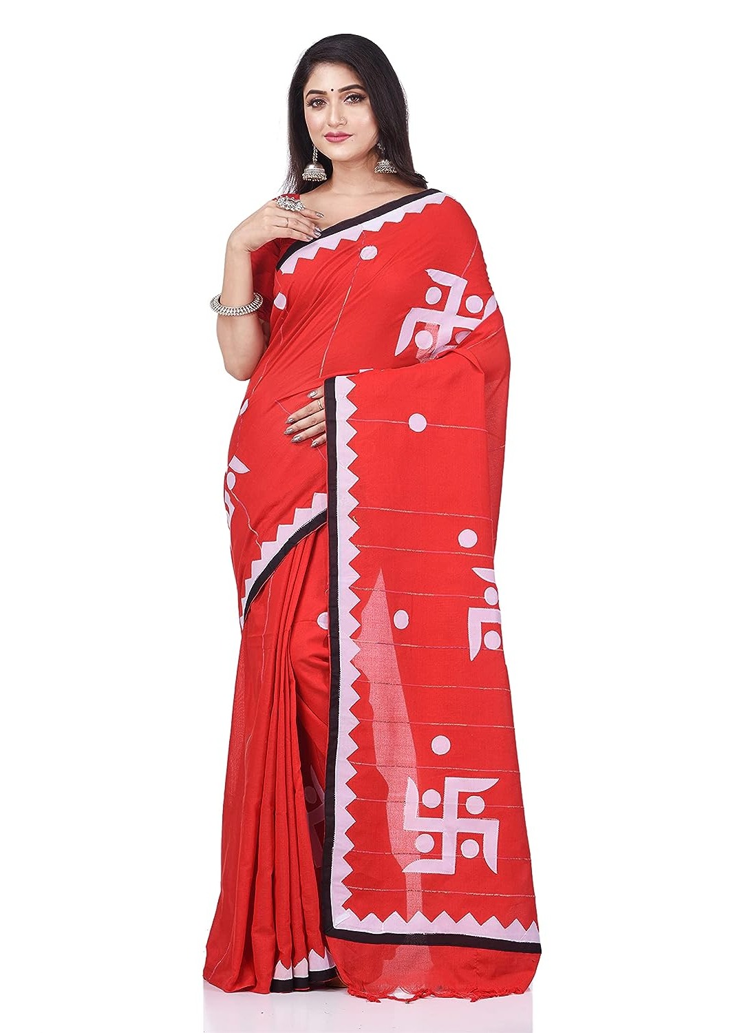 Handloom Swastika Aplique Saree - Red, Cotton Silk