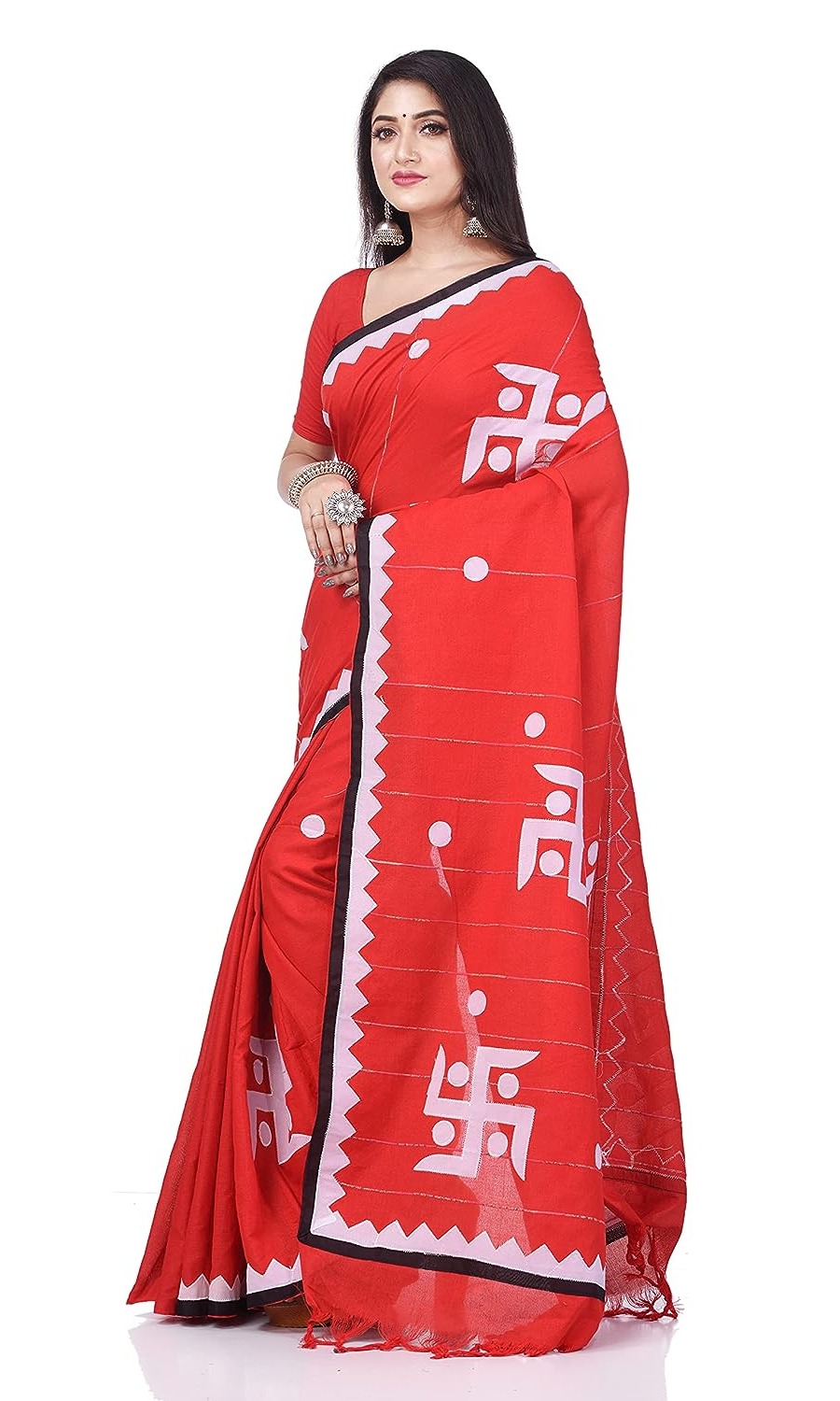 Handloom Swastika Aplique Saree - Red, Cotton