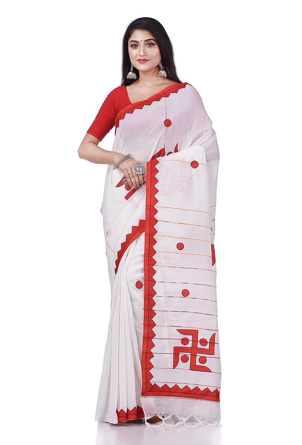 Handloom Swastika Aplique Saree - White, Cotton Silk