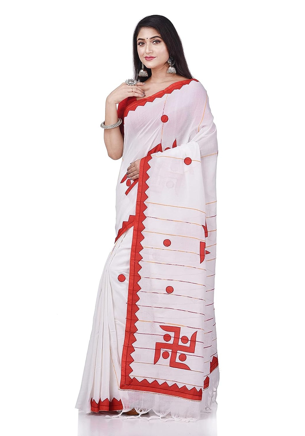 Handloom Swastika Aplique Saree - White, Cotton