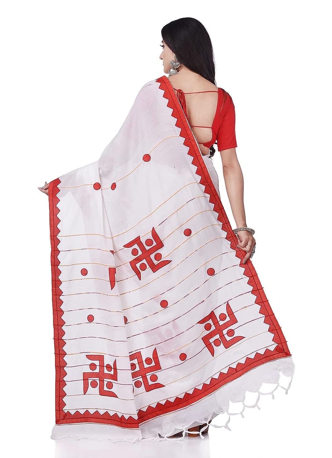 Handloom Swastika Aplique Saree - White, Cotton Silk