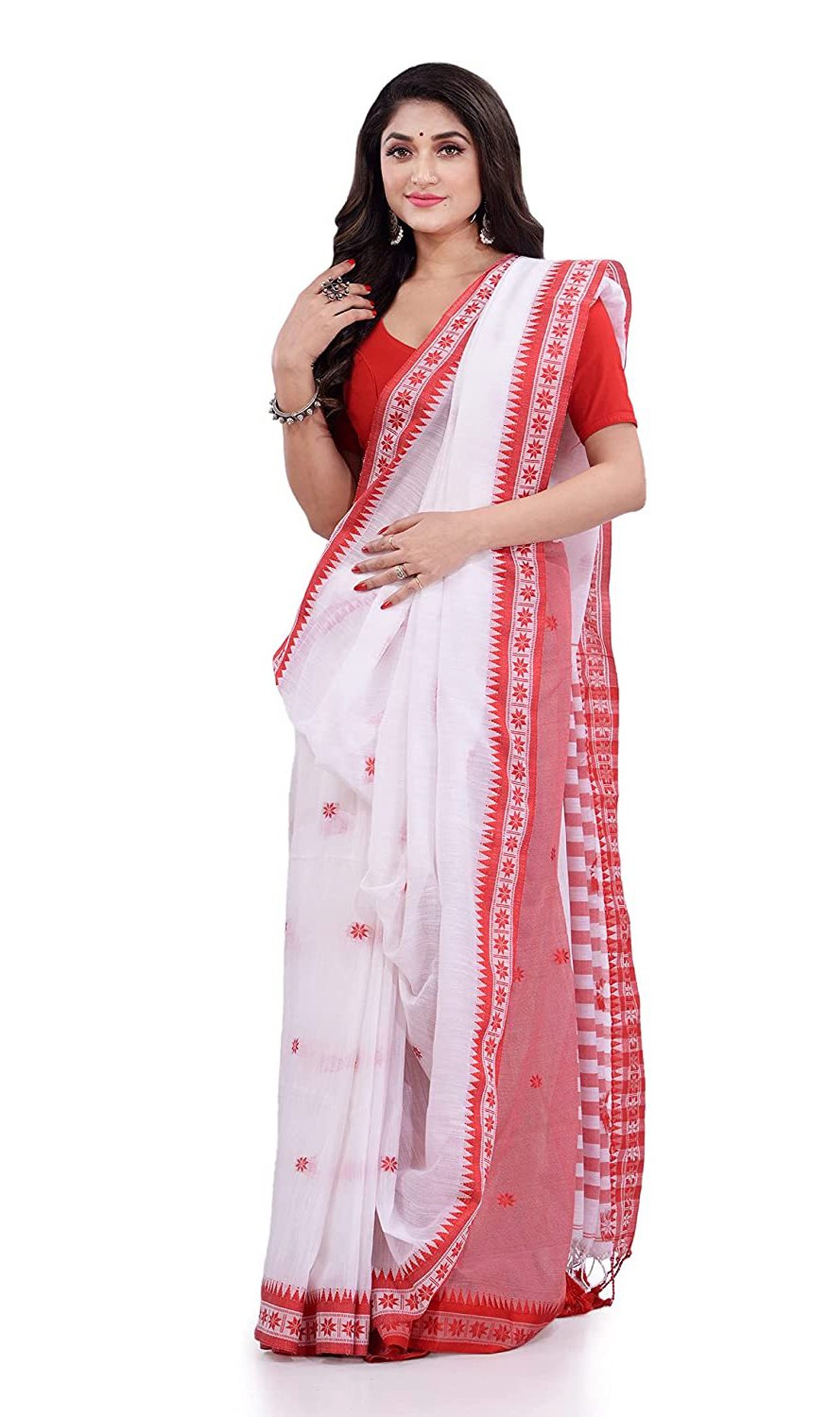 Handloom Floral Motive Border Saree - White, Cotton, Cotton (CK)