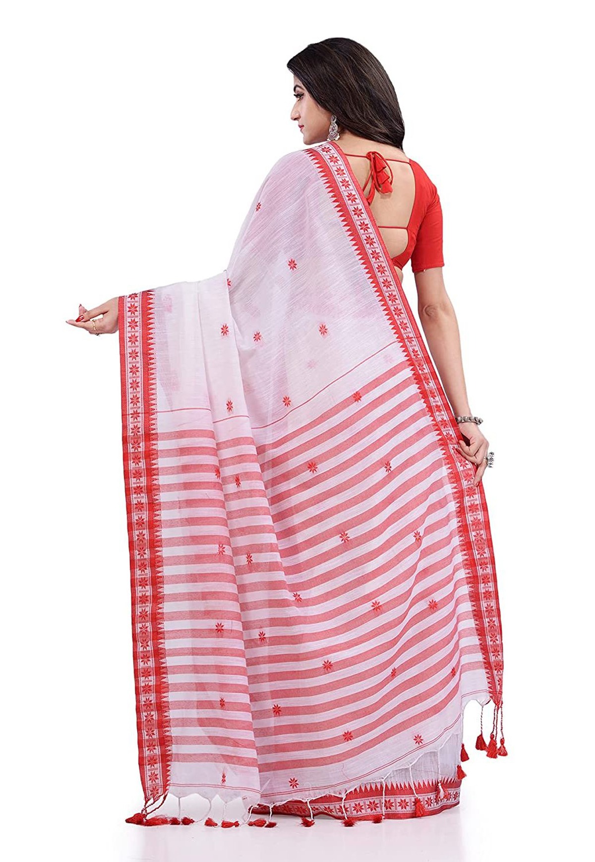 Handloom Floral Motive Border Saree - White, Cotton, Cotton (CK)