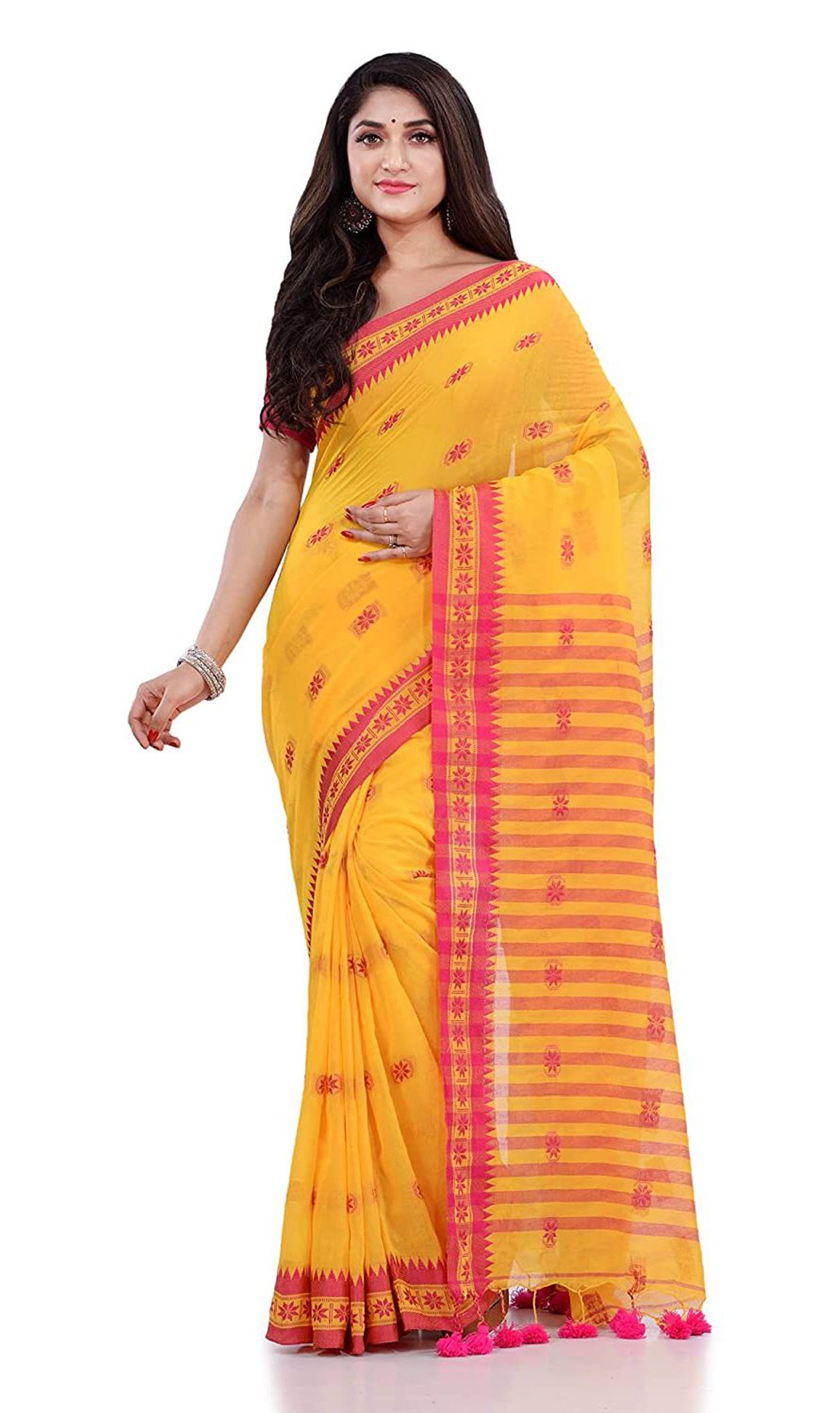 Handloom Floral Motive Border Saree - Gold, Cotton, Cotton (CK)