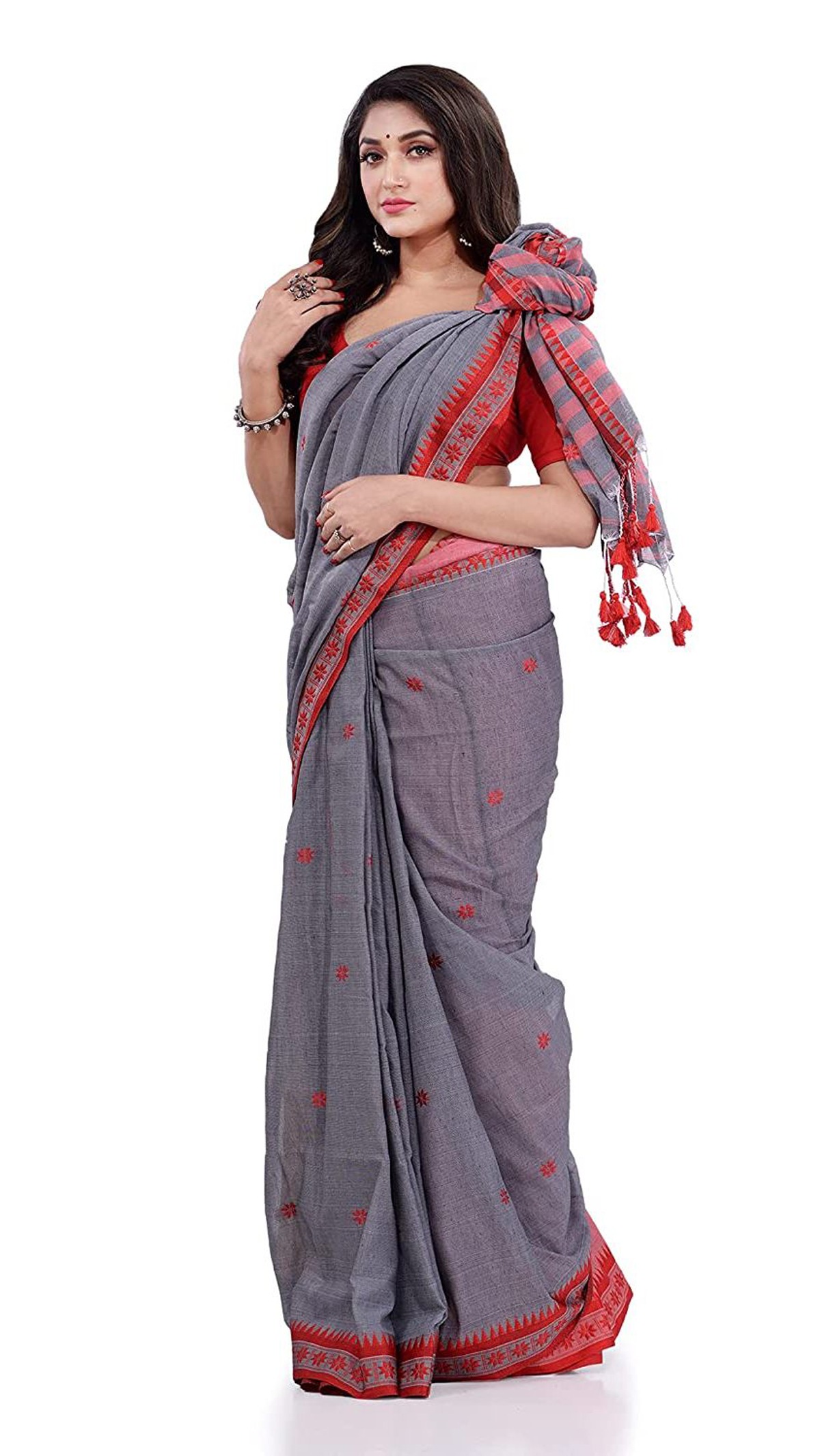 Handloom Floral Motive Border Saree - Gray, Cotton, Cotton (CK)