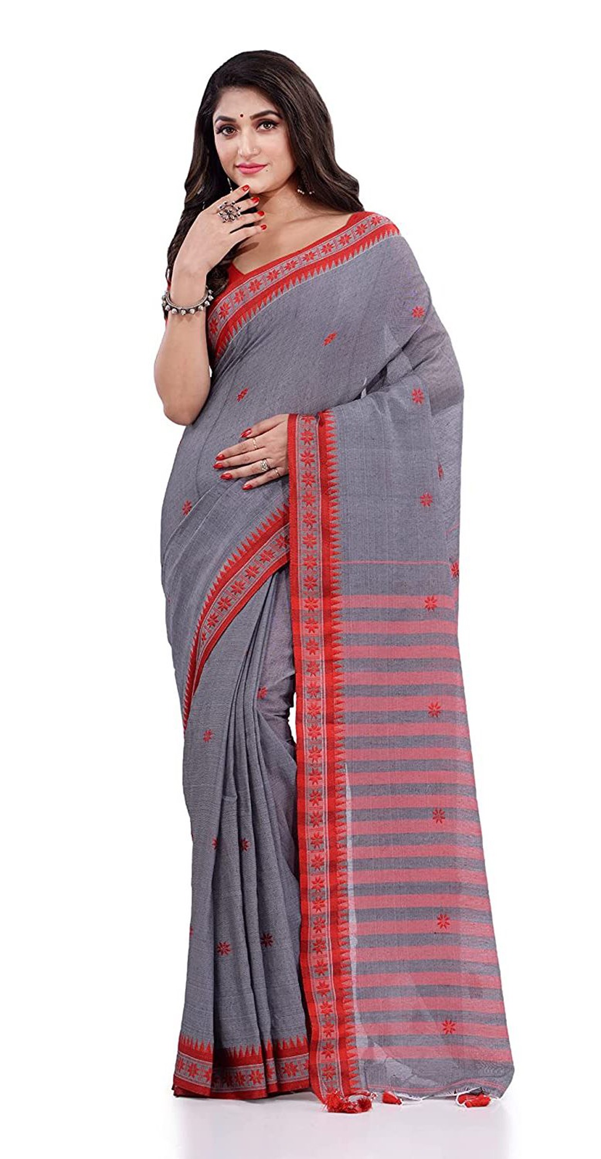 Handloom Floral Motive Border Saree - Gray, Cotton, Cotton (CK)