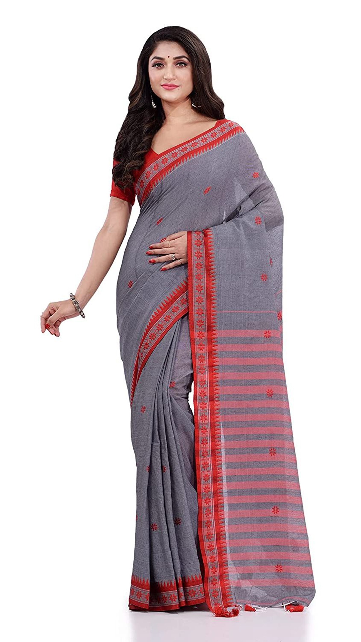 Handloom Floral Motive Border Saree - Gray, Cotton, Cotton (CK)