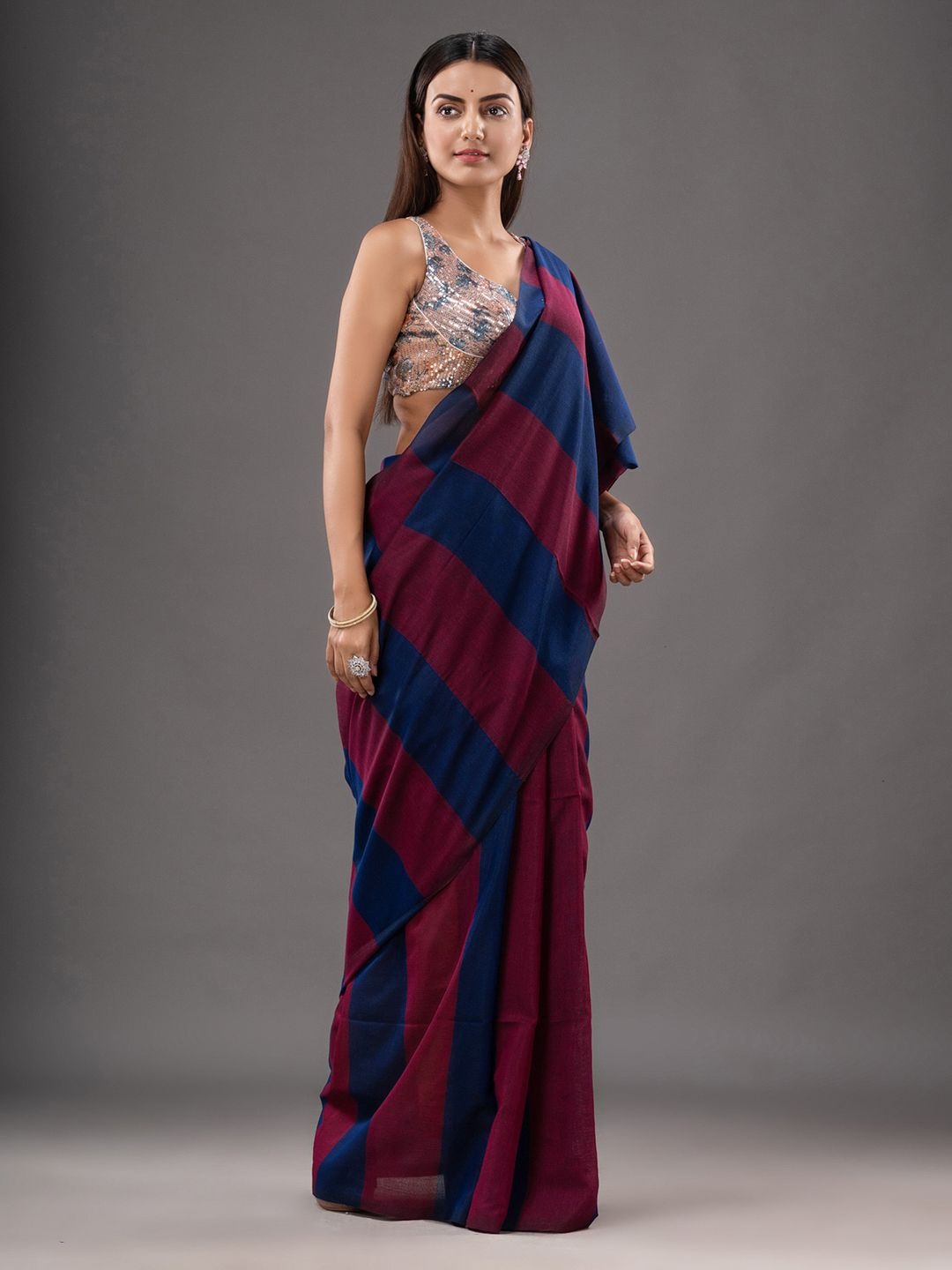 Handloom Multicolored Strips Saree - Cotton, Cotton (CK)