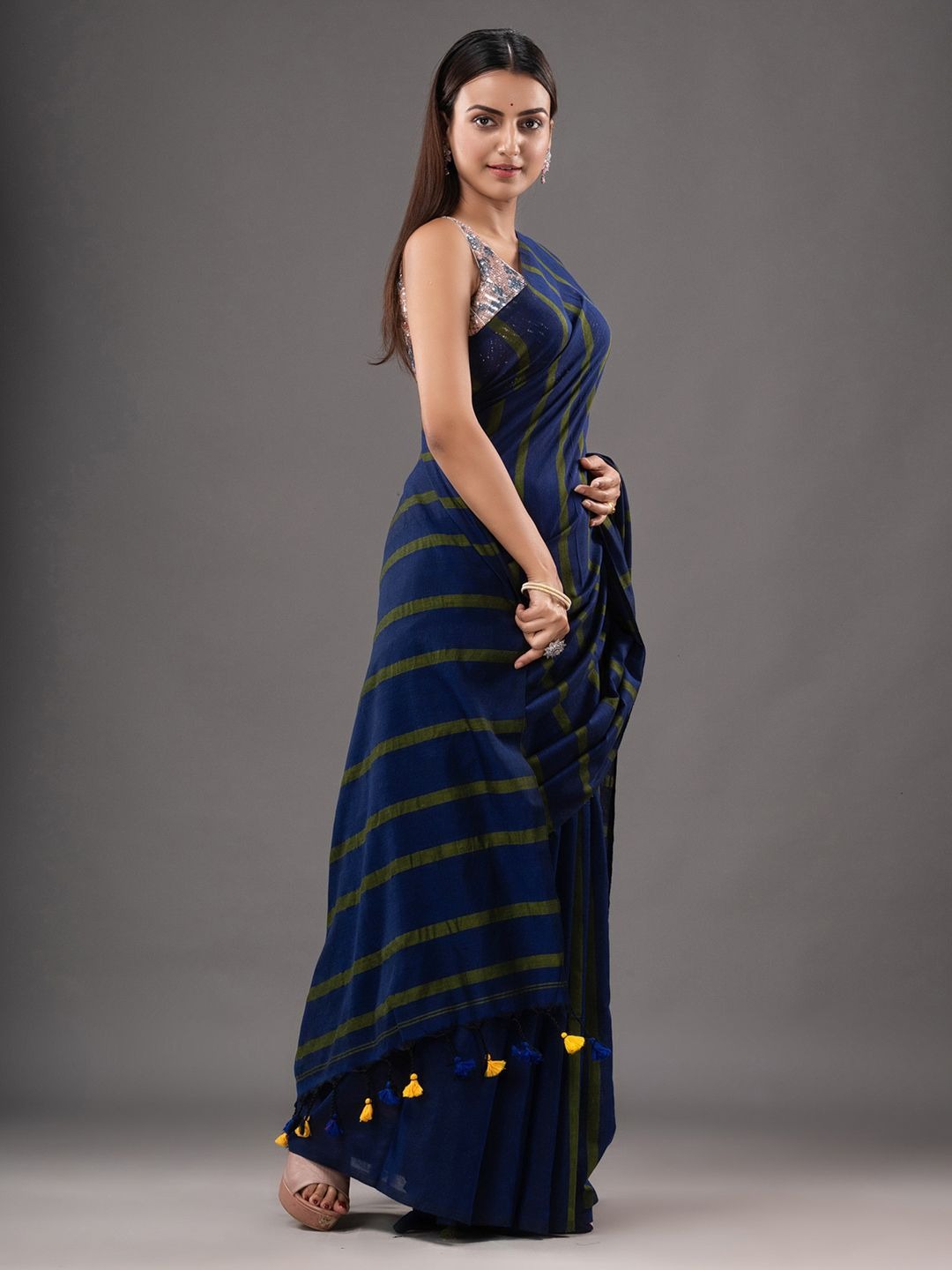 Handloom Solid Color Small Strips Saree - Navy Blue