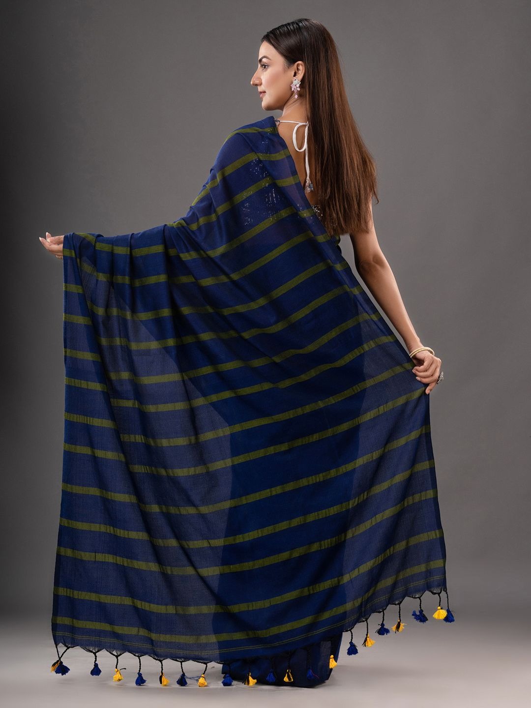 Handloom Solid Color Small Strips Saree - Navy Blue