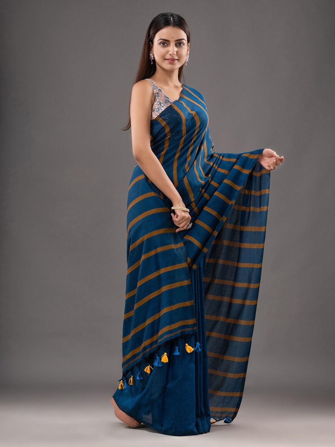 Handloom Solid Color Small Strips Saree - Blue, Cotton, Cotton (CK)