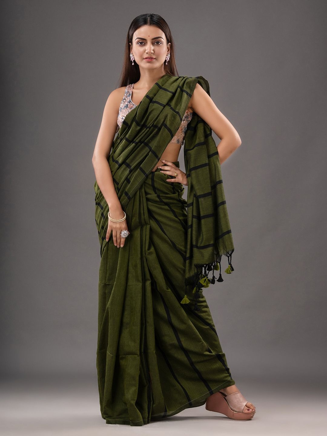 Handloom Solid Color Small Strips Saree - Cardin Green