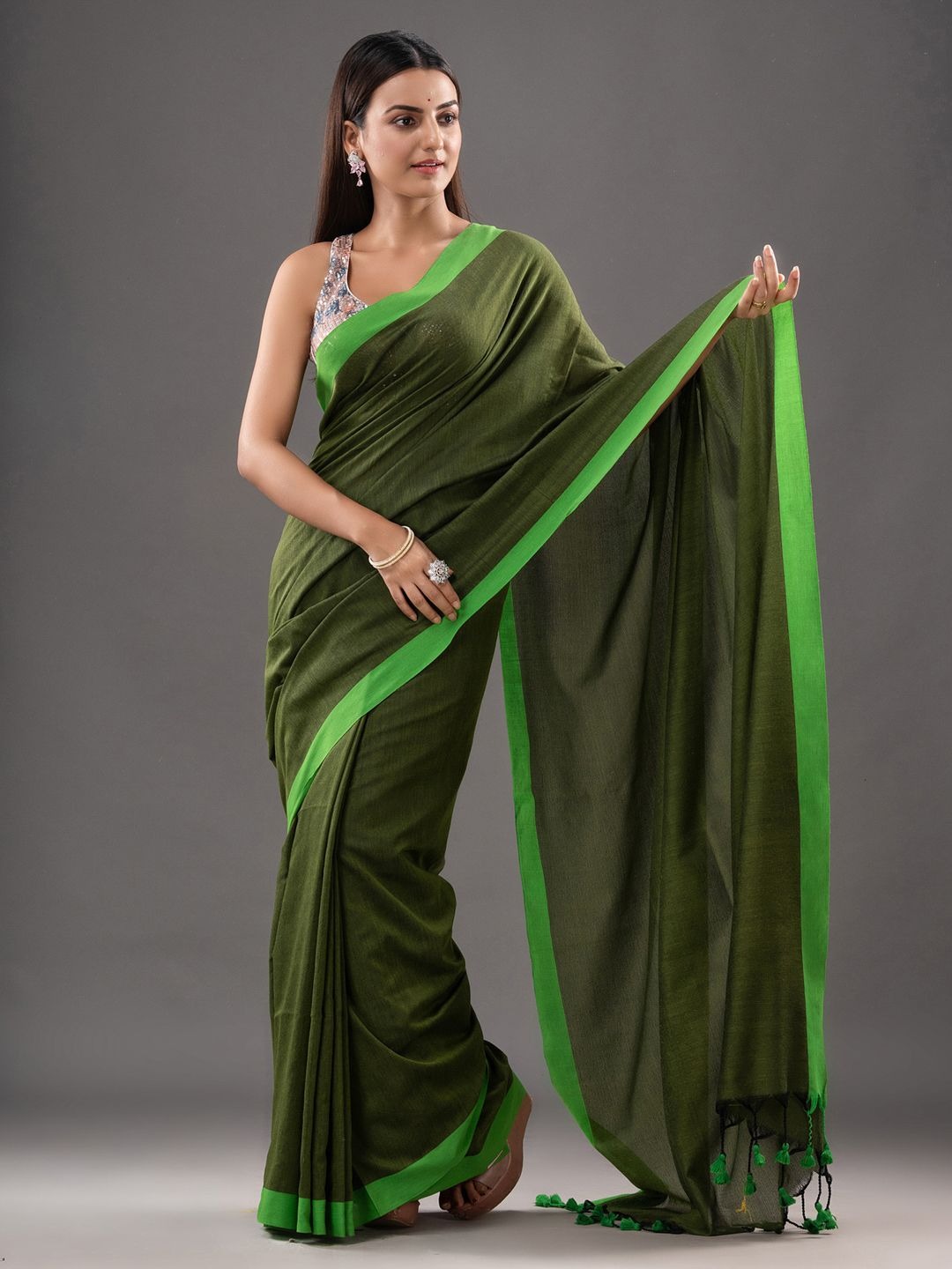 Handloom Solid Color Contrast Border Saree - Costa Del Sol, Cotton, Cotton (CK)