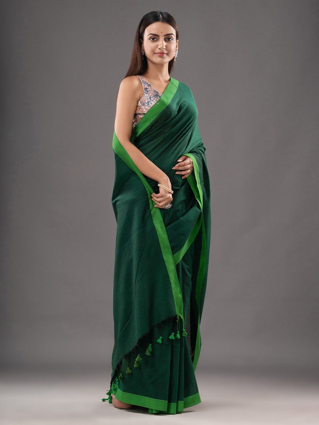 Handloom Contrast Border Saree - Cardin Green