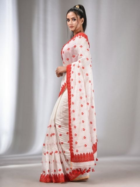 Handloom Woven Lace Border Saree - White