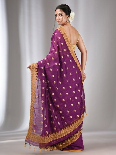 Handloom Woven Lace Border Saree - Magenta / Fuchsia