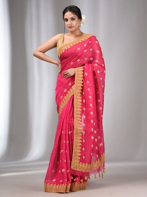 Handloom Woven Lace Border Saree - Torch Red