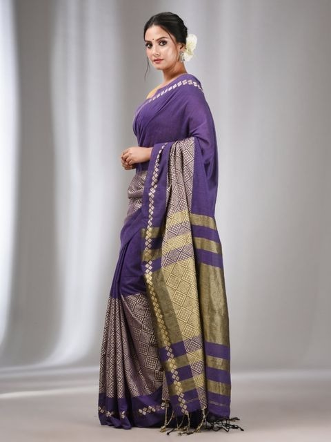 Handloom Contrast Woven Border Saree - Blue