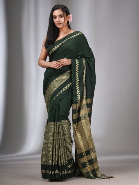 Handloom Contrast Woven Border Saree - Cardin Green