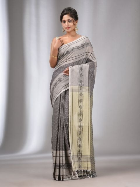 Handloom Ganga Jamuna Woven Border Saree - Silver