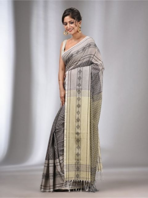 Handloom Ganga Jamuna Woven Border Saree - Silver