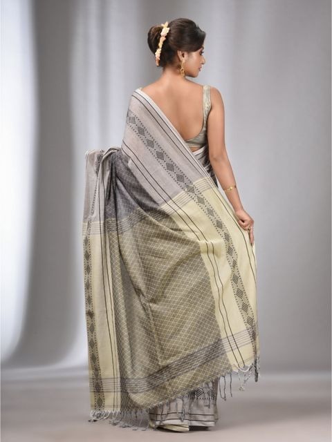 Handloom Ganga Jamuna Woven Border Saree - Silver