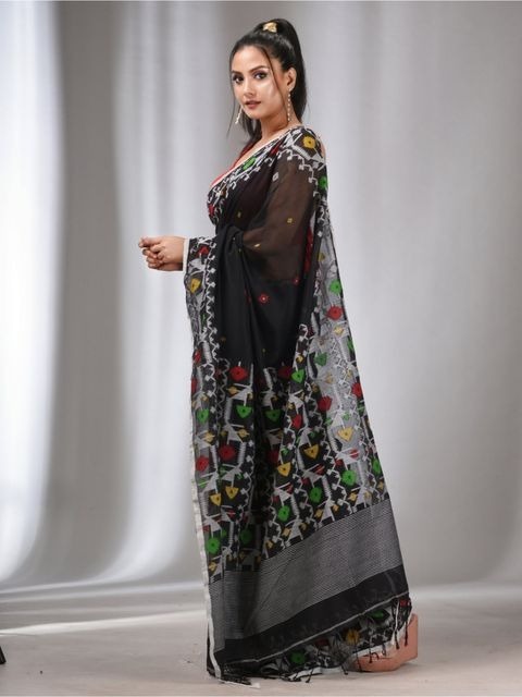 Handloom Linen Cotton Nayantara Jamdani - Black