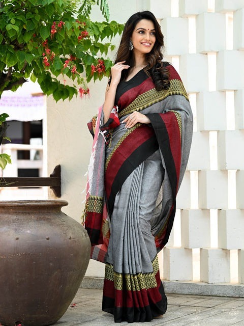 Handloom Contrast Woven Border Saree - Gray, Cotton, Cotton (CK)