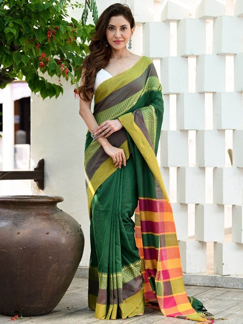 Handloom Contrast Woven Border Saree - Forest Green, Cotton, Cotton (CK)