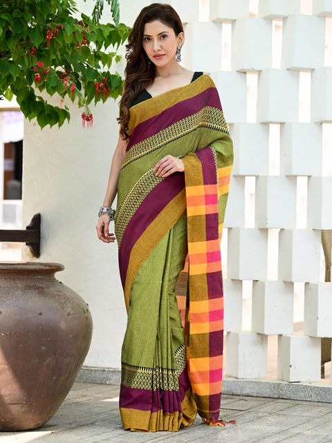 Handloom Contrast Woven Border Saree - Olive, Cotton, Cotton (CK)