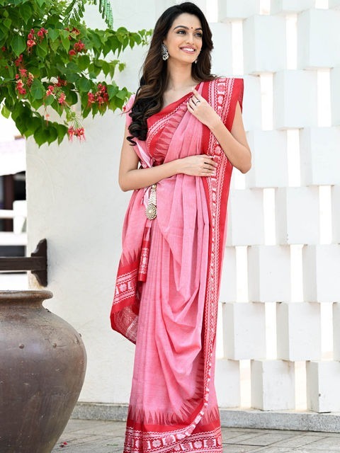 Handloom Cross Woven Border Saree - Pink Salmon, Cotton, Cotton (CK)