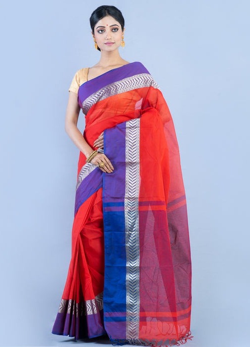 Handloom Cotton Bengali Tant Saree - Red & Blue