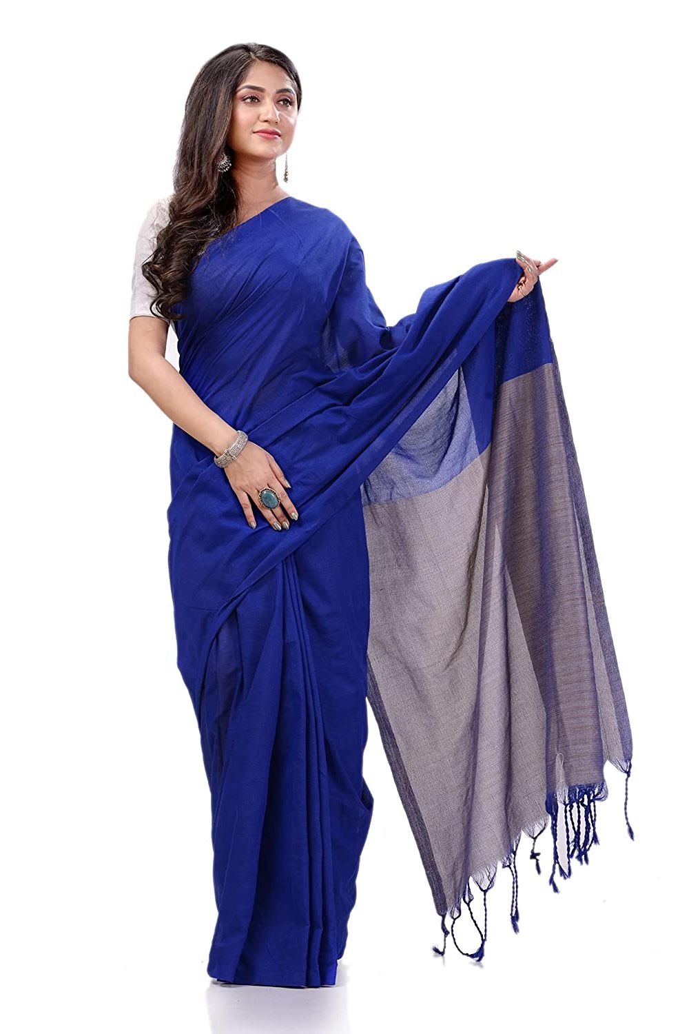 Handloom Solid Color Slab Pallu Saree - Blue