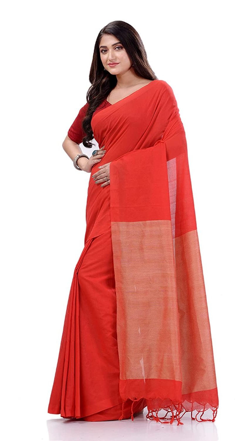 Handloom Solid Color Slab Pallu Saree - Orange