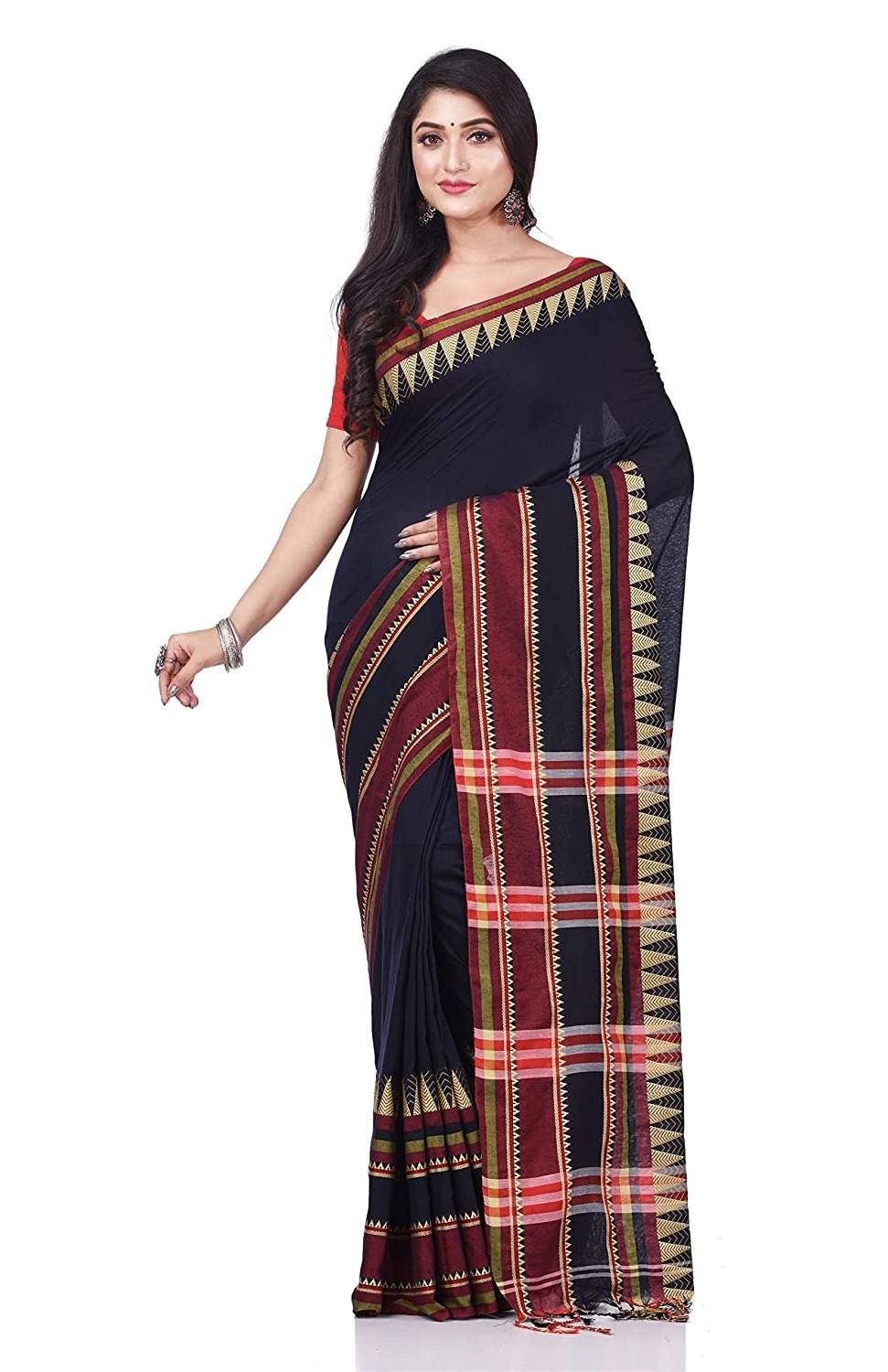 Handloom Traditional Woven Temple Border Saree - Black