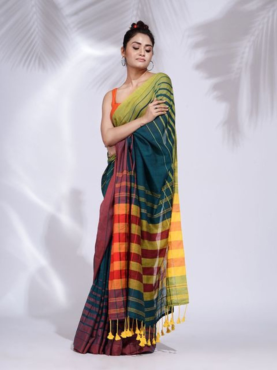 Handloom Multicolored 3D Strips Saree - Glade Green