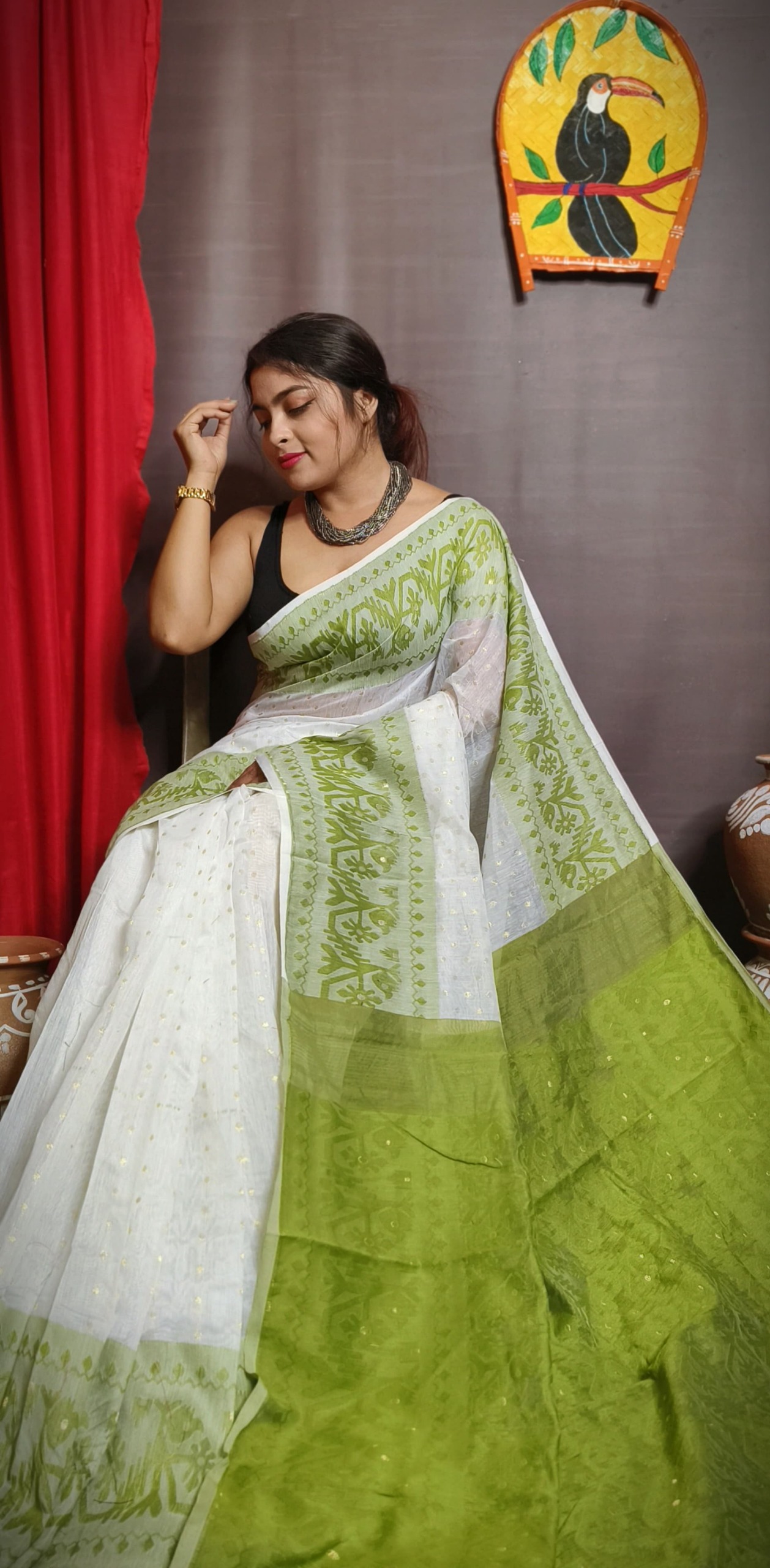 Handloom Traditional Woven Soft Jamdani - Olive