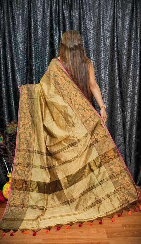 Kundu Handloom Copper Zari Woven Big Border Saree - Beige