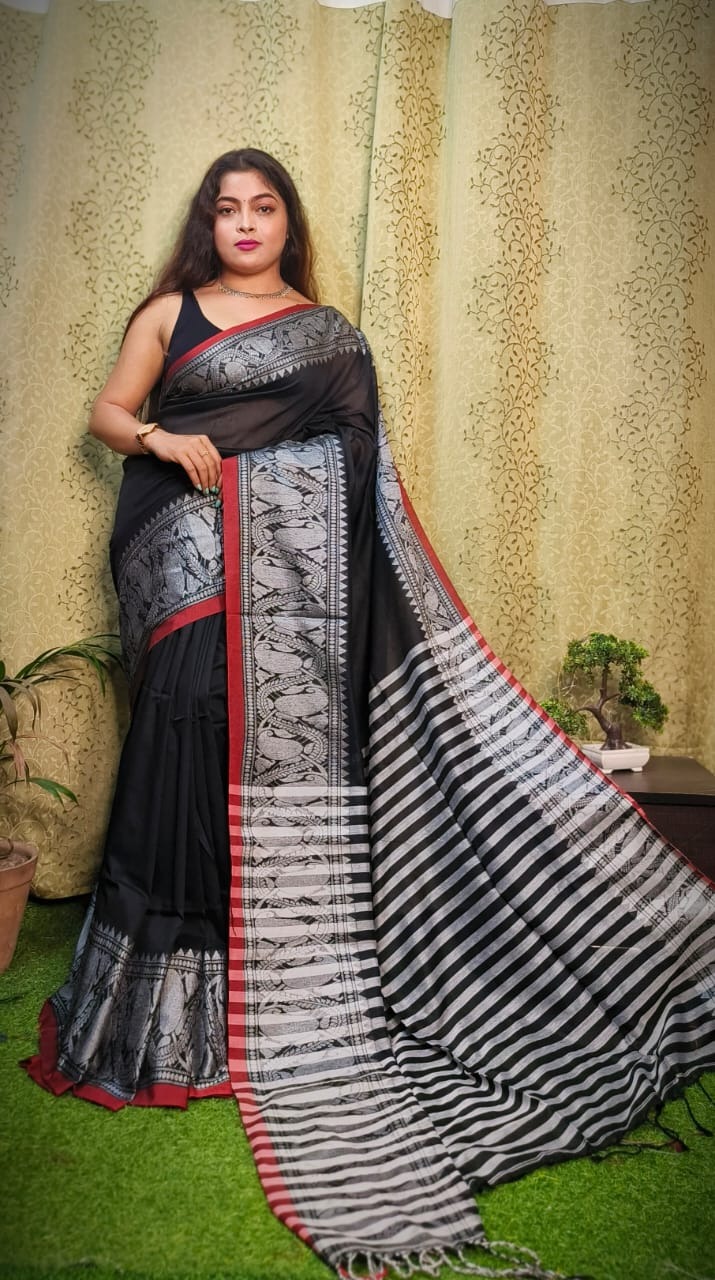 Nilima Handloom Copper Zari Work Border Saree - Black