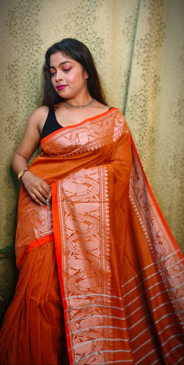 Nilima Handloom Copper Zari Work Border Saree - Flush Orange