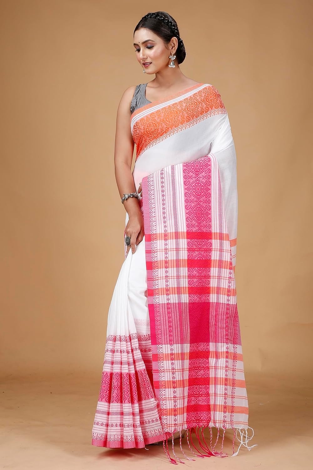 Handloom Multi-Border Begampuri Work Cotton Saree