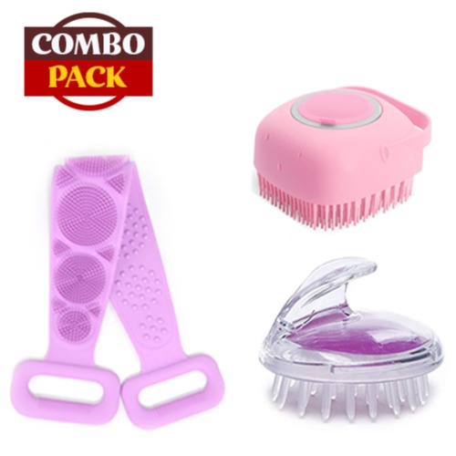 Silicone Body Bath Belt, Bath Brush and Shampoo Brush (Combo Pack) - 