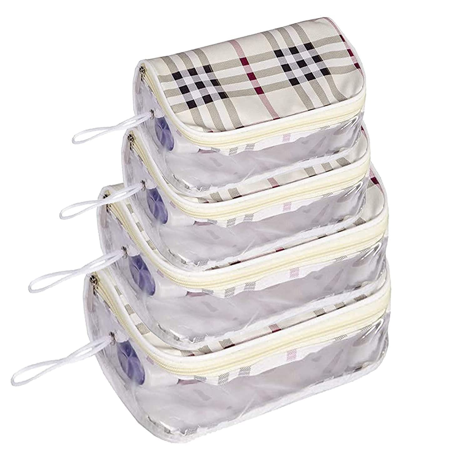 Set of 4 Multipurpose Transparent Travel Pouch Makeup Toiletry Kit Bag Pouch for Women Makeup Organizer Bag Vanity, Shaving Kit Toiletry Bag for Men -(White Checks -2) (Off White Checks )