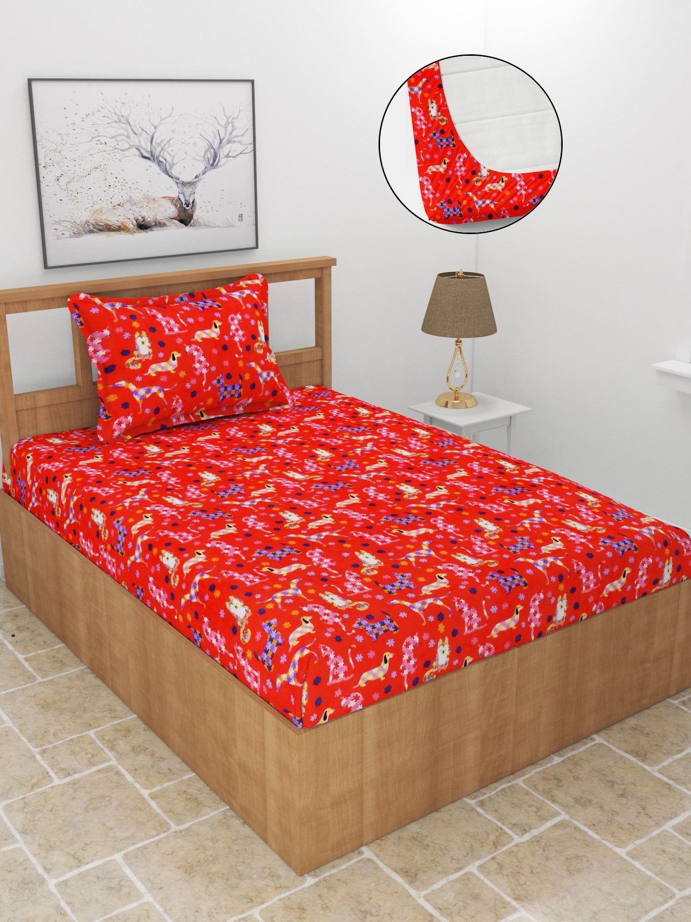 MORADO 190 GSM Flannel Super Soft Warm Elastic Fitted Single Bed Cartoon Print Bedsheet with 1 Pillow Covers for Winters - 36x72x8 Inches, Multi Color