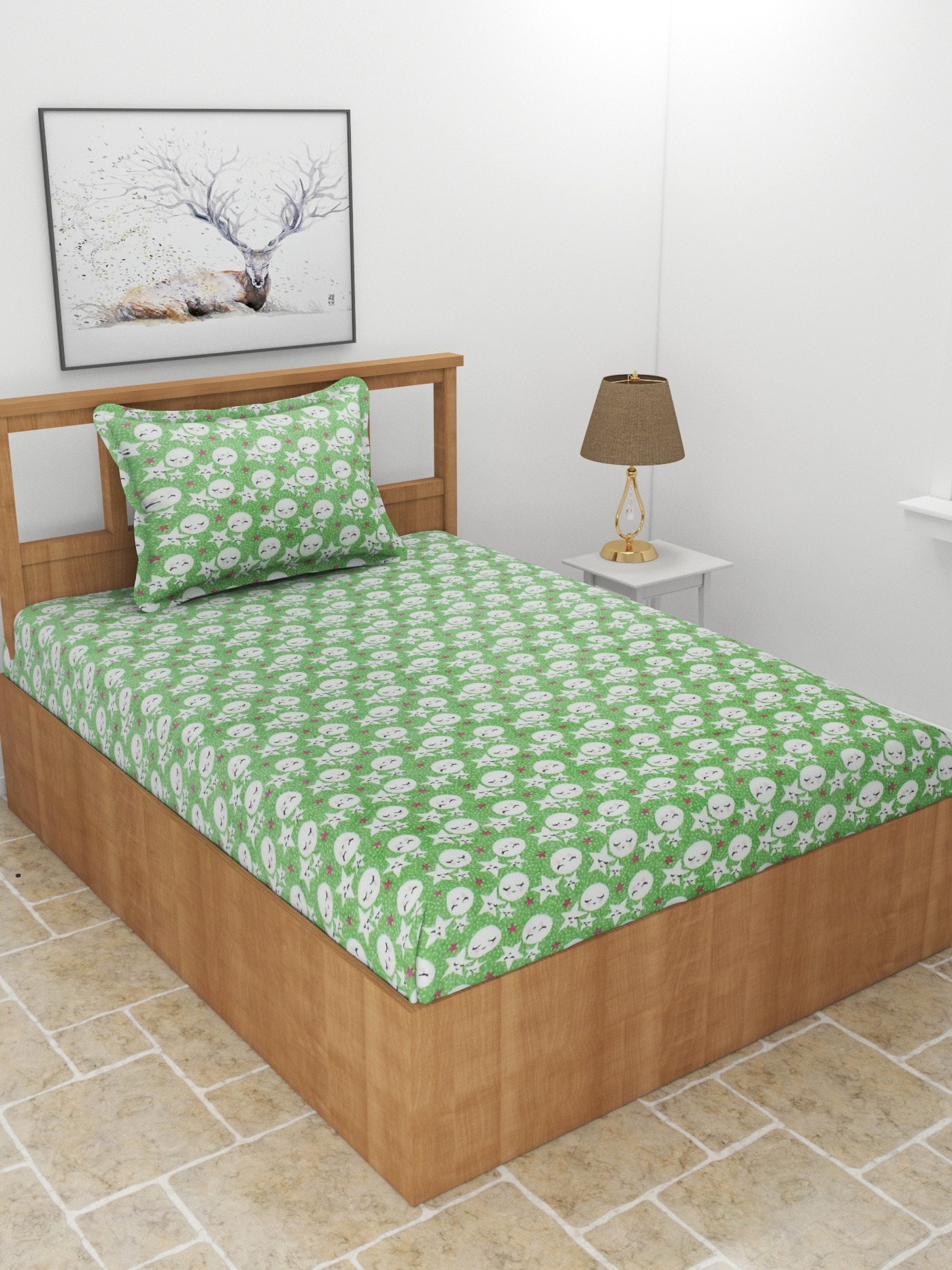 MORADO 190 GSM Flannel Super Soft Warm Single Bed Cartoon Print Bedsheet with 1 Pillow Covers for Winters - 60x90 Inches, Light Green