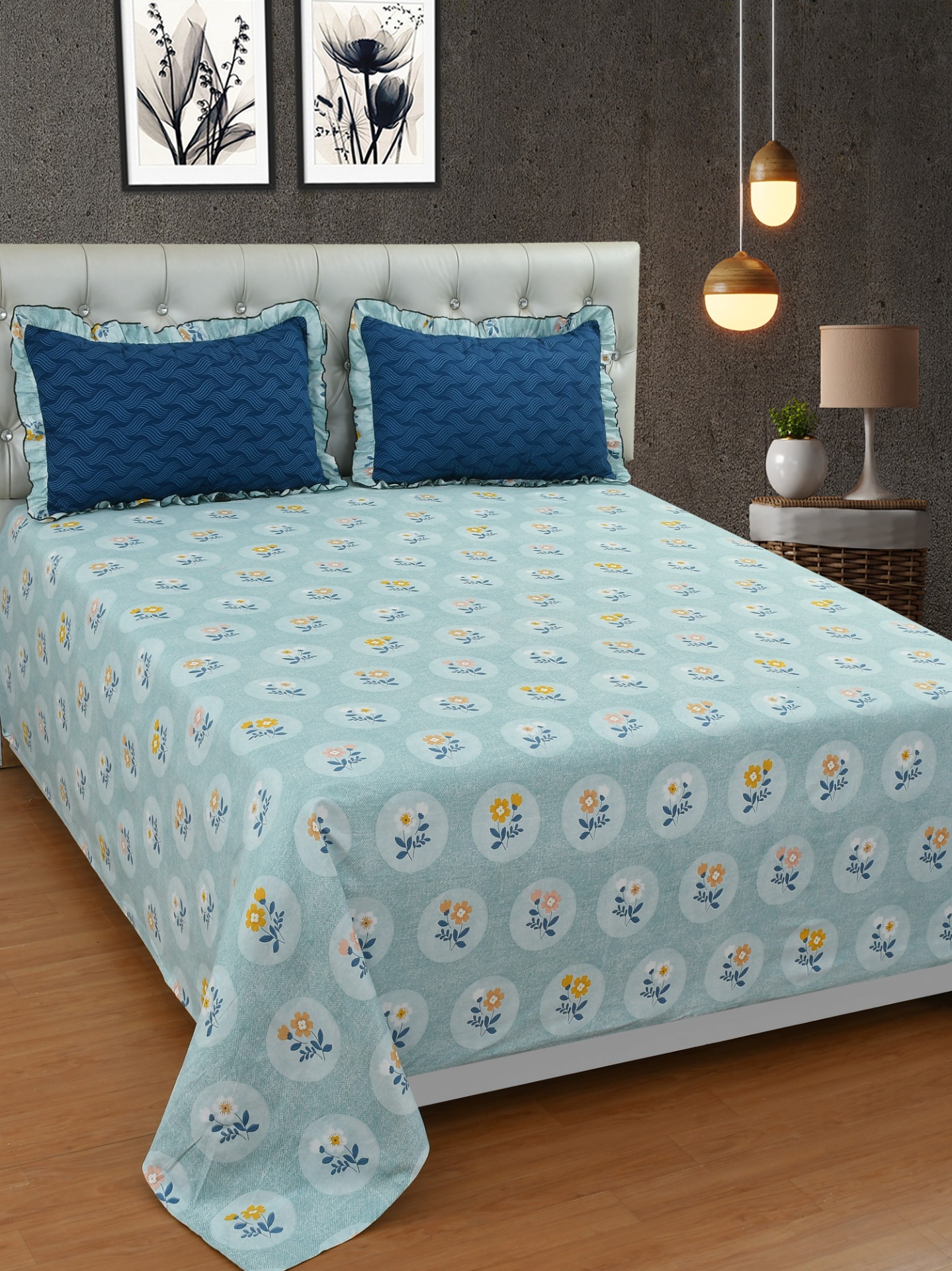 MORADO Glace Cotton King Size Bedsheet with 2 Pillow Covers with Frill (108x108, Inches)