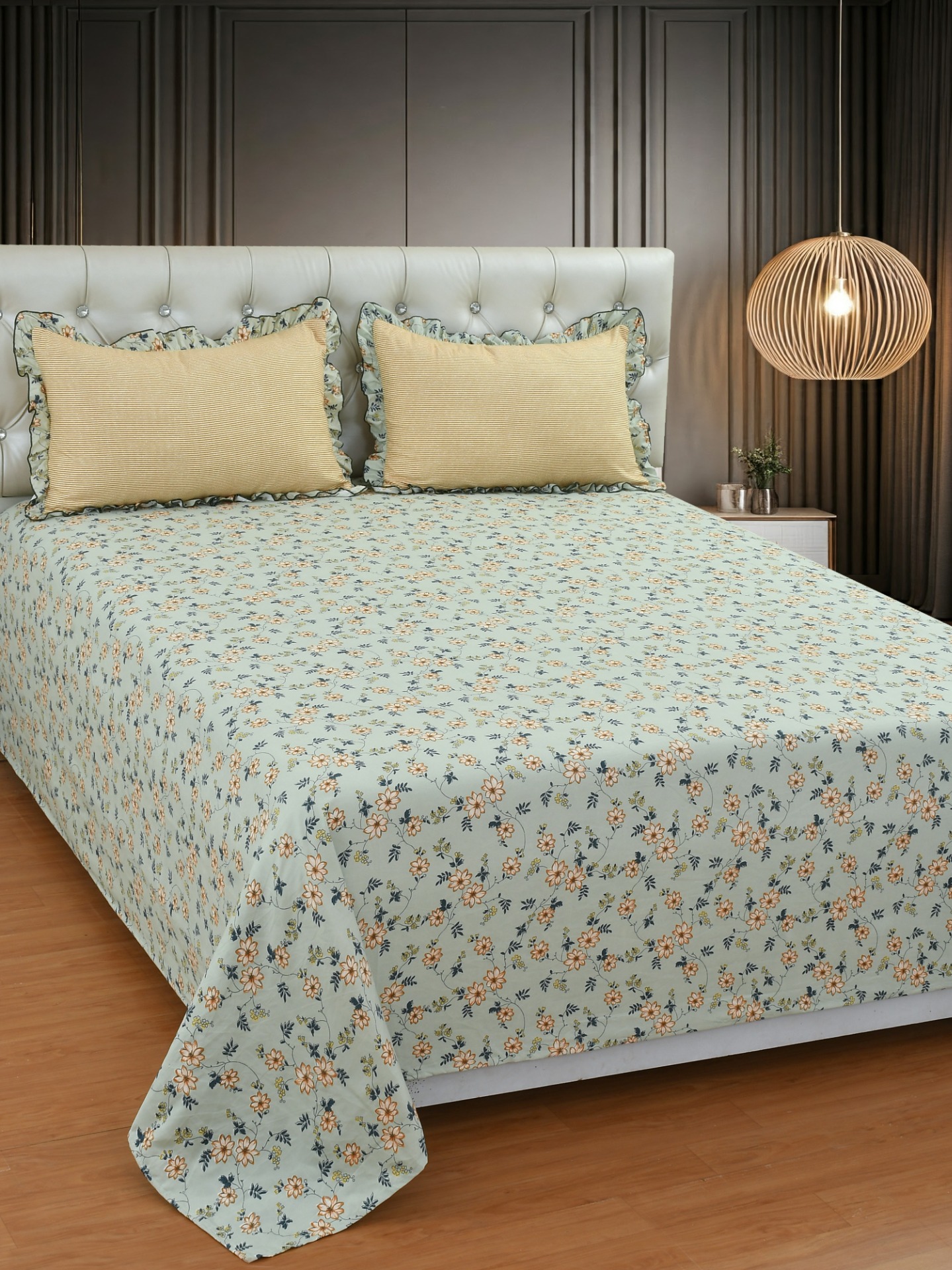 MORADO Glace Cotton King Size Bedsheet with 2 Pillow Covers with Frill (108x108, Inches)