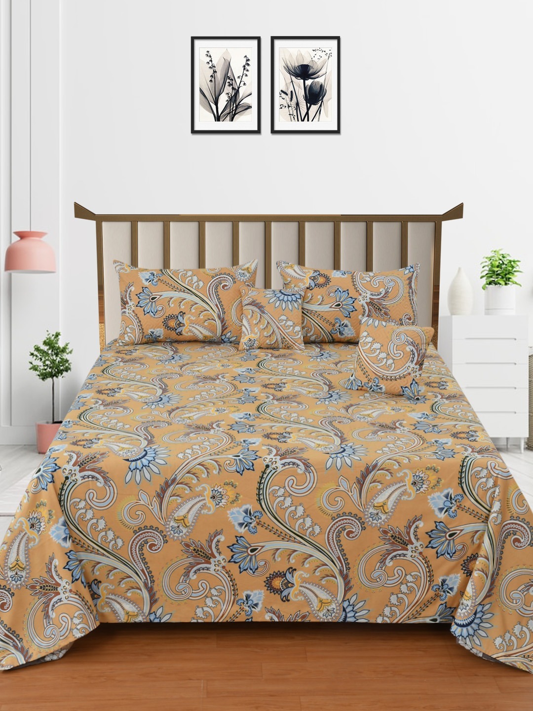 MORADO Glace Cotton 5 Pcs Quilted Bedding Set | Double Bed Size Bedsheet With 2 Pillow Covers And 2 Filled Cushions (90x100 Inches - Mustard Yellow)