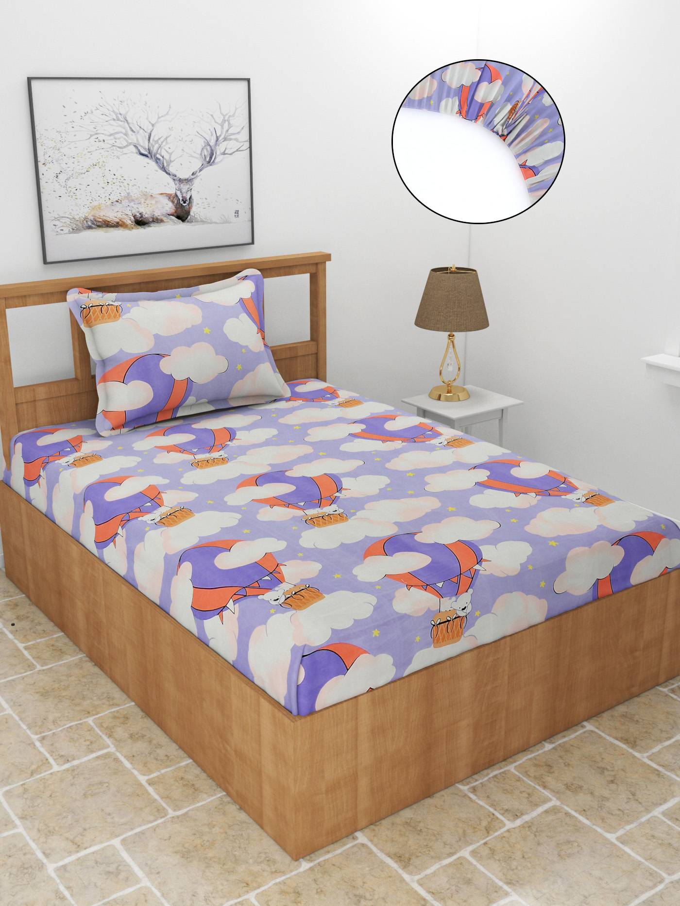 MORADO Premium Glace Cotton Elastic Fitted Single Bedsheet with 1 King Size Pillow Cover (36x72x8 Inches, Sky Blue)