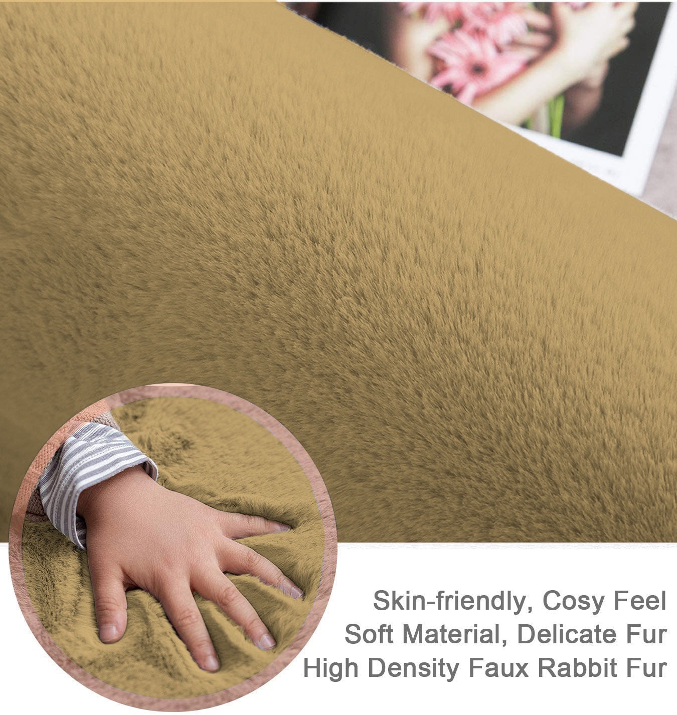 LUXE HOME INTERNATIONAL Ruffle Ultra Soft Rabbit Fur Area Rugs Anti-Skid Water Absorbent Soaking Washable Mat - 4x6 Feet, Anti Gold